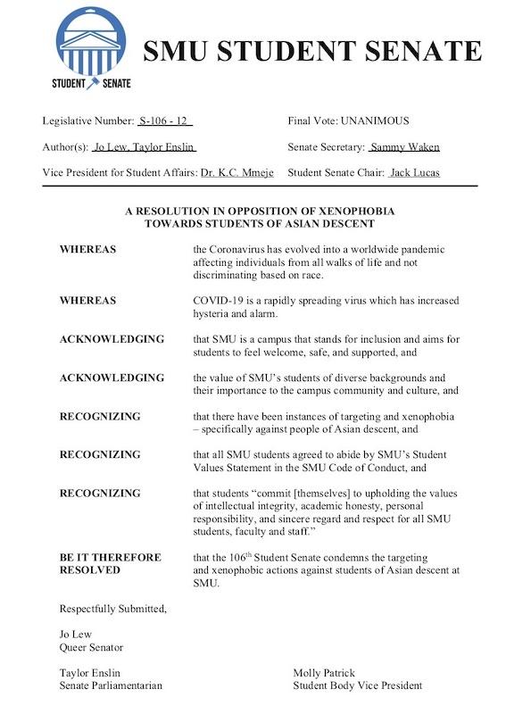 The SMU Student Senate published legislation condemning xenophobia towards Asian students, faculty, and staff members on March 12, 2020.