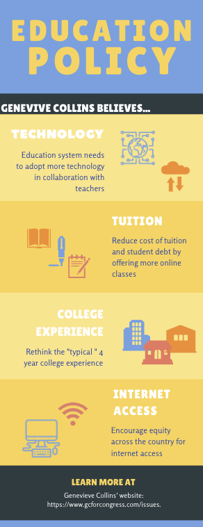 Collins' education policy includes greater access to technology, reducing tuition costs, and improving equity across the country for internet access.