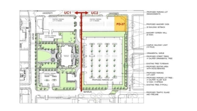Blueprints of SMU's zoning plan changes to the existing commuter lot and rental residences. The plans include a new graduate school building and surface level parking lot.