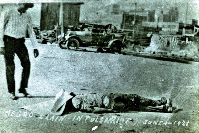 A Black man killed in the 1921 Tulsa Massacre is left on the street