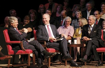 Ted Koppel, David Gergen and Tom Brokaw (from L to R) talk onstage at McFarlin Auditorium during this years first Tate Lecture.