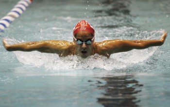 SMUs Angela San Juan Cisneros swims in the 200 yard butterfly event during the SMU Womens Swimming Classic last Saturday.