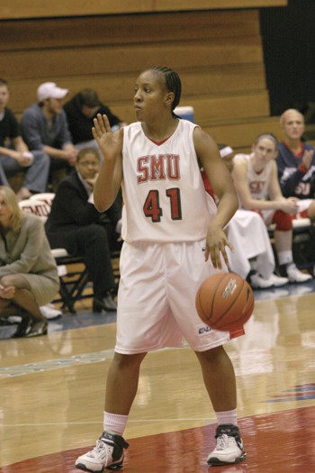 SMUs Jillian Samuels looks for her next move in the game against East Carolina last Friday night in Moody.