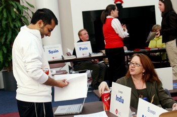 Vivek Muchnikoff, senior, talks with Dr. Patricia Alvey about study abroad in India.