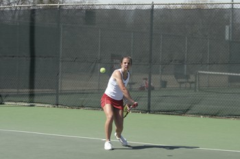 SMUs Monica Neveklovska prepares to hit the ball during the match against TCU.