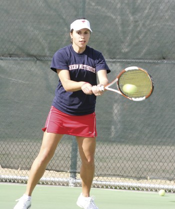 SMUs Georgiana Marta swings and hits the ball during the match against San Antonio.