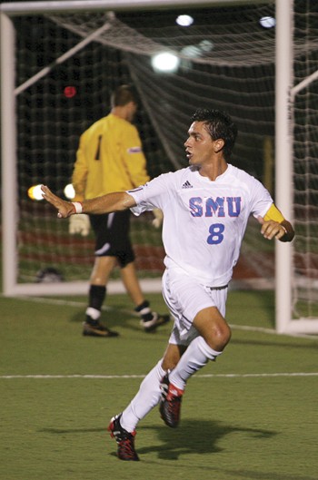 SMUs Bruno Guarda celebrates a penalty kick goal against Saint Louis University.