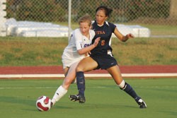 Photo by John Schreiber, The Daily Campus. Katie Leonard (left) goes for the ball against UTSAs Chelsea Zimmerman (right) in Fridays 2-1 win against the Roadrunners.