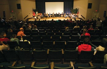 A crowd no bigger than 140 people at its peak listens during the Student Senate sponsored Town Hall Forum on the recent drug and alcohol related deaths and possible changes.