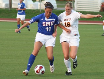 The Mustangs Lauren Shepherd defends the ball against Arizona States Carly Kallas during their game in September. SMU will play its first conference opponents this weekend.