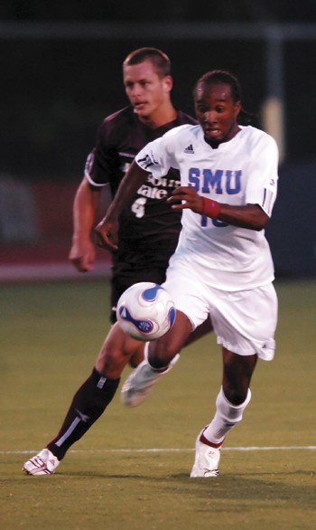 SMUs Dane Saintus races after the ball during SMUs 2-0 victory over Missouri State Wednesday night at Westcott Field.