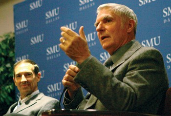 Dick Rutan, record holder for the fastest nonstop flight around the world (right), answers questions from students during the Tate Student Forum while SpaceShipOne pilot Brian Binnie (left) looks on.