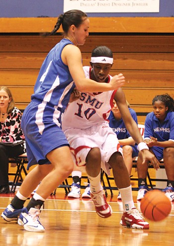 SMUs Brittany Gilliam fights for the ball.