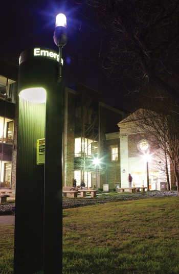 An emergency call box, just one of many on campus, sits just steps away from the Fondren Library Center, creating a direct line to police in case of an emergency.