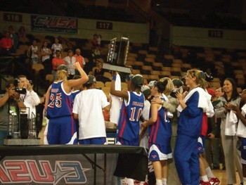 SMU womens basketball team raises the trophy after defeating the UTEP Miners in the Conference USA Tournament