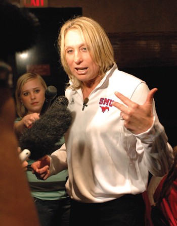 Head coach Rhonda Rompola speaks to the media at Ten Sports Grill after ESPN announced that the SMU womens basketball team would be playing Notre Dame in the first round of the NCAA Tournament.