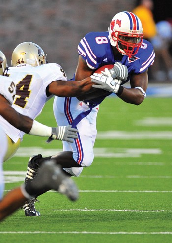 SMU tailback DeMyron Martin carries the ball against the Texas State Cougars on Sept. 6. Martin has rushed for 72 yards this season on 15 carries.
