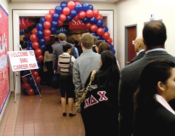 Students line up to go to the Career and Internship Fair in the basement of Hughes-Trigg Wednesday.