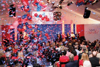 Confetti and balloons drop after SMUs official announcement of its goal to raise $750 million as part of the Second Century Campaign over the next five years.