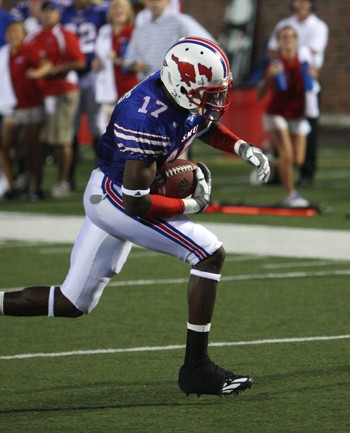 Emmanuel Sanders runs toward the endzone for his second touchdown during the game against Texas State Saturday night at Gerald J. Ford Stadium. 