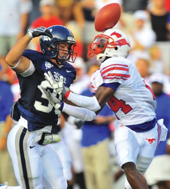 SMUs Aldrick Robinson cant come up with Bo Levi Mitchells pass last Friday against Rice.