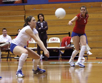 SMUs libero Sidney Stewart passes the ball in a 3-0 win over University of Texas at Arlington last night in Moody Coliseum. Stewart had 11 digs in the match.