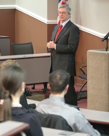 Business leader and chair to the SMU Board of Trustees Carl Sewell speaks to SMU students in the Hughes Trigg Forum about how they can improve SMU Wednesday evening during the Turner Leadership Forum.