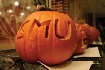 Pumpkins sit on display in Dedman Center for Lifetime Sports after being carved by students Tuesday night at The Great Pumpkin Search of SMU.