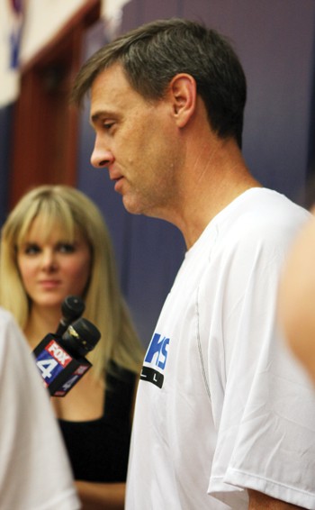 Dallas Mavericks Head Coach Rick Carlisle speaks to media members after practicing in SMUs Crum Center Saturday afternoon.