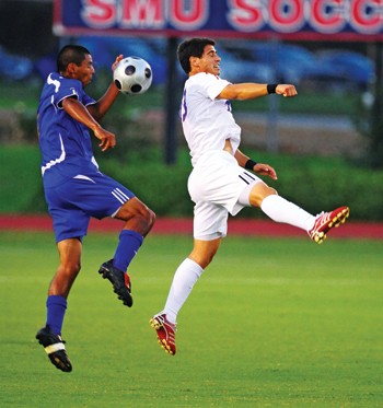 SMU forward Paolo daSilva goes up for the ball again Tulsa midfielder Justin Chavez in a 4-1 loss Sept. 27 at Westcott Field.