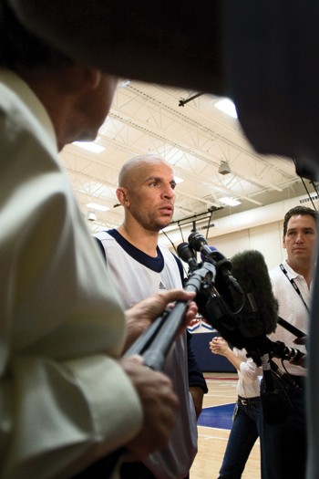 Dallas Mavericks guard Jason Kidd gets interviewed by local media after practicing in SMUs Crum Basketball Center Tuesday afternoon.