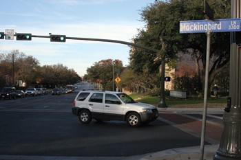 A car turns east onto Mockingbird from Hillcrest. The construction crew opened the road on Nov. 22.