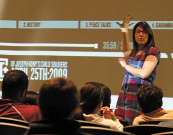 SMU student Rachel Brown speaks at the Invisible Children film screening