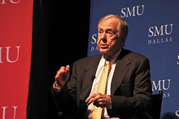Texas billionaire and oil executive T. Boone Pickens speaks at a town hall meeting Thursday afternoon in McFarlin Auditorium about ending Americas dependence on foreign oil. The first 200 SMU students in attendance received autographed copies of The First Billion is the Hardest by Pickens.