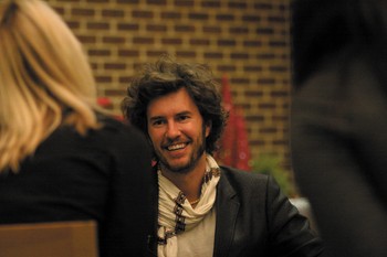 TOMS Chief Shoe Giver Blake Mycoskie is interviewed last fall while visiting campus. TOMS sponsored Thursdays One Day Without Shoes movement, encouraging people to go barefoot to raise awareness about the lack of shoes in developing nations.