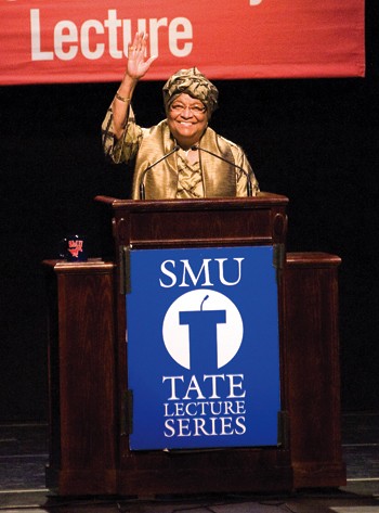 Liberian President Ellen Johnson Sirleaf delivers a speech at the Tate Lecture in McFarlin Auditorium Tuesday night