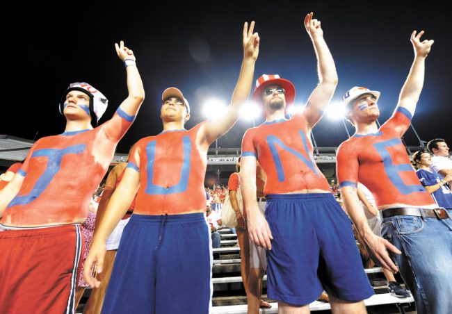 Fans show support for the Mustangs head coach during a game last season. The largest crowd at Ford Stadium totaled 34,689 in 2004 against Texas Tech. STUART PALLEY/The Daily Campus