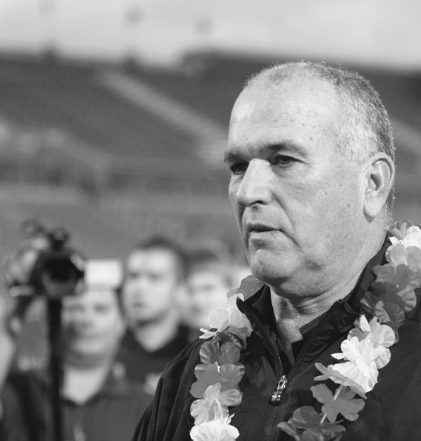Head coach June Jones congratulates the 12 seniors after they defeated Tulane 26-21 Saturday afternoon at Ford Stadium.