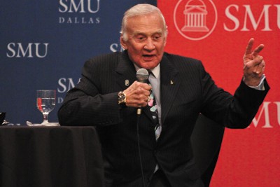 Retired astronaut and space exploration advocate Buzz Aldrin speaks at the SMU Turner Construction Student Forum Tuesday evening.