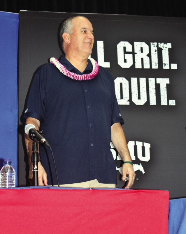 Head coach June Jones smiles after the announcement that the Mustangs will play in the Sheraton Hawaii Bowl on Dec. 24.