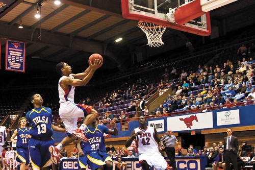 SMU guard Derek Williams going for the basket against Tulsa during a game on Jan. 13.