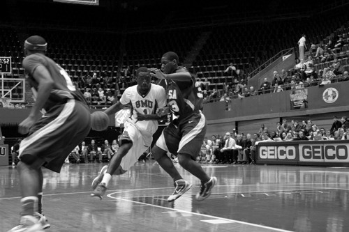 SMU forward Mohammed Faye driving to the basket against Tulsa Jan 13 at Moody Coliseum.