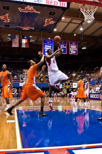 SMU center Papa Dia going for a layup during play against UTEP Jan. 10 at Moody Coliseum.
