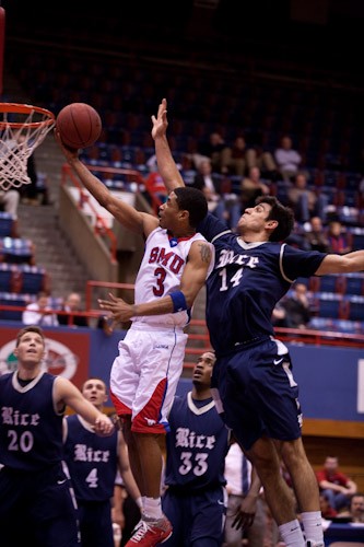 SMU guard Derek Williams going for a layup Wednesday against Rice at Moody Coliseum.