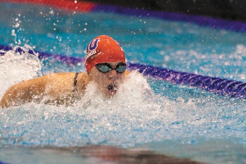 An SMU student on the women’s swimming team during competition against the University of Texas, Feb.