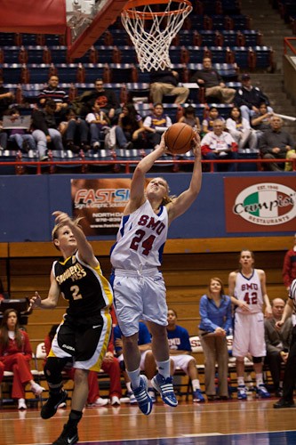 SMU forward Haley Day going for a layup in Saturday’s game against the University of Southern Miss.