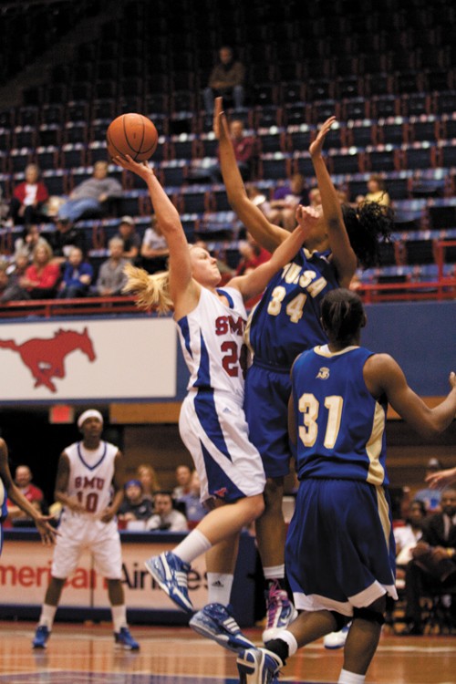 SMU forward Haley Day drives to the basket during Wednesday night’s game against Tulsa. SMU won the game 71-52