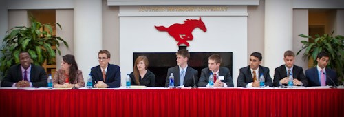Candidates for Student Body Officer positions debate Tuesday in the Hughes-Trigg Commons. From left to right