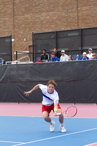 SMU junior Artem Baradach returning a volley during match play at Turpin Tennis Center.