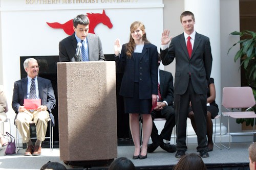 Student Body Vice President Austin Prentice and Secretary Katie Perkins being sworn-in Tuesday afternoon by Student Body President Jake Torres.